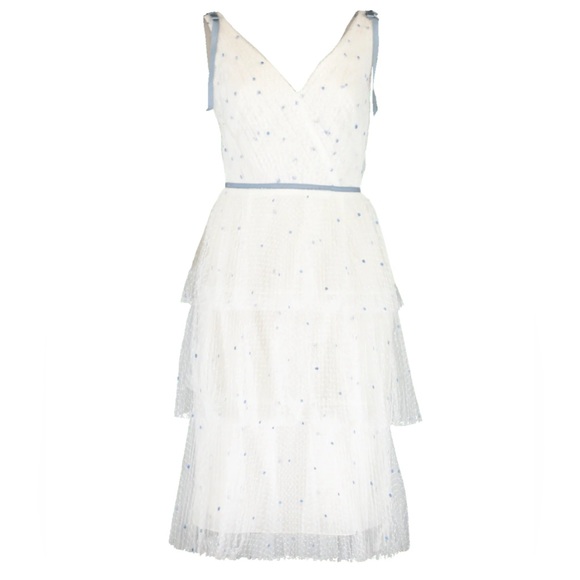 Marchesa Notte NWT - white ruffle dress with embroidered light blue polka dots - Picture 7 of 7
